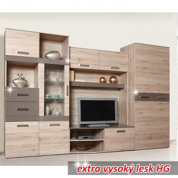 Obývacia stena, dub san marino/latte vysoký lesk HG, ASSOR