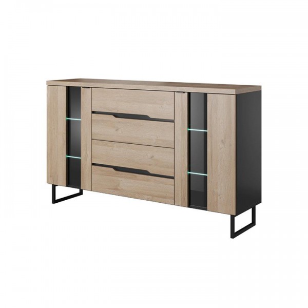 Komoda so sklom, 160 cm, čierna matná/dub grandson svetlý, LETYA